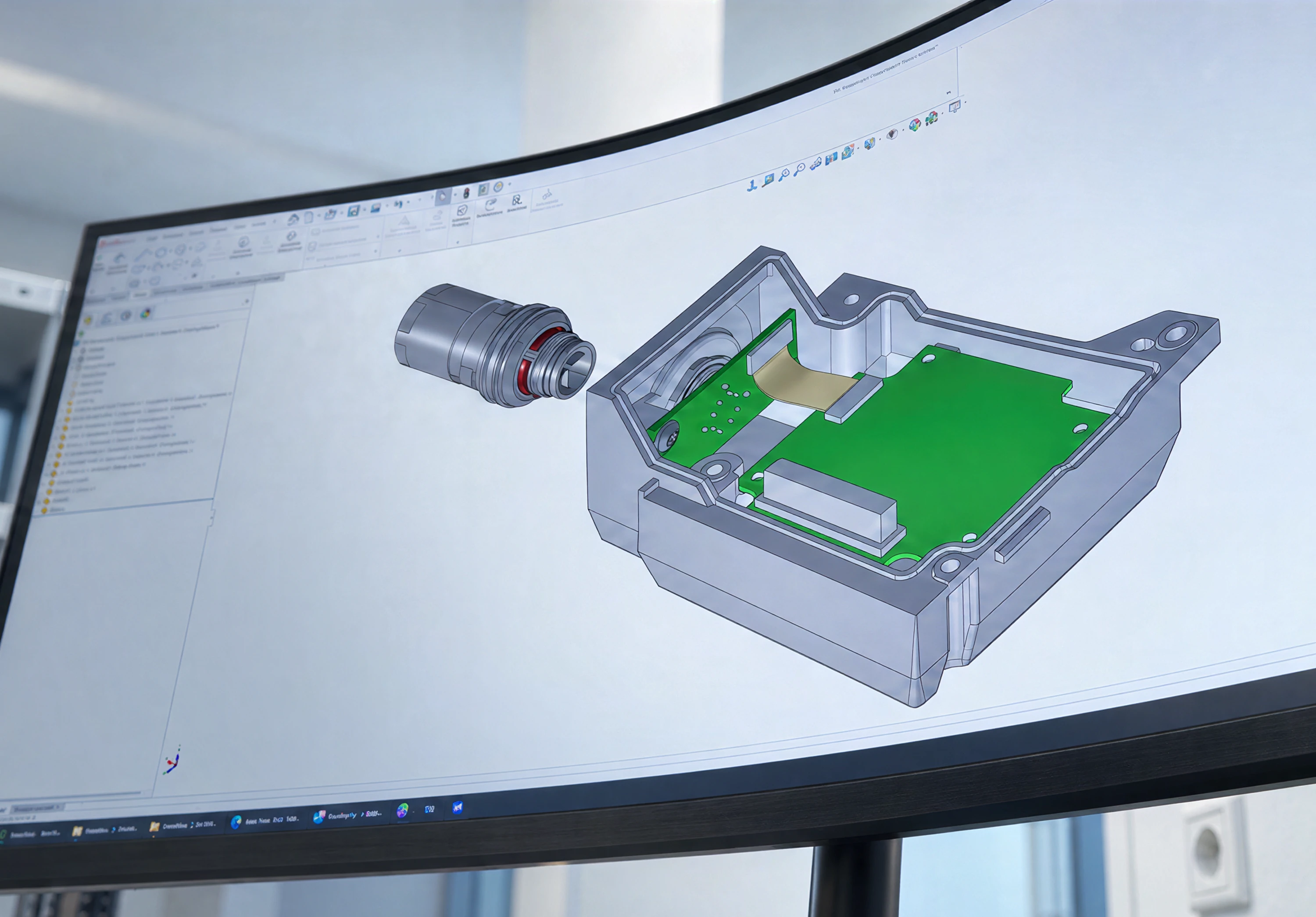 CAD-Modell eines Elektronikgehäuses mit Leiterplatte